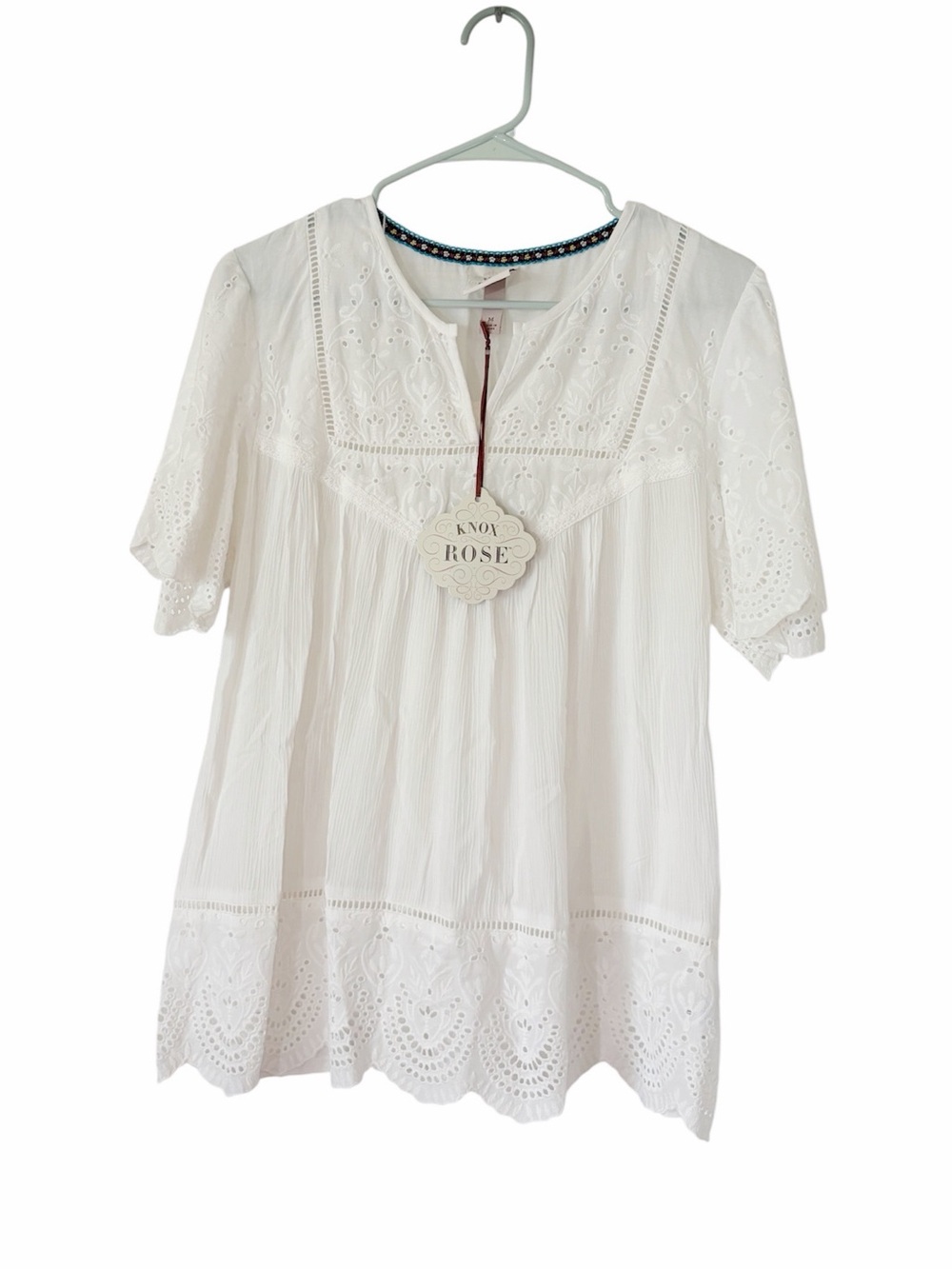 Knox Rose White Eyelet Boho Blouse with embroidery Women’s Sz M